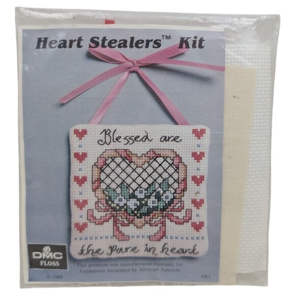 VTG Blessed Are the Pure in Heart Heart Stealers Kit DMC Floss 1989 Cross Stitch - Picture 2 of 3